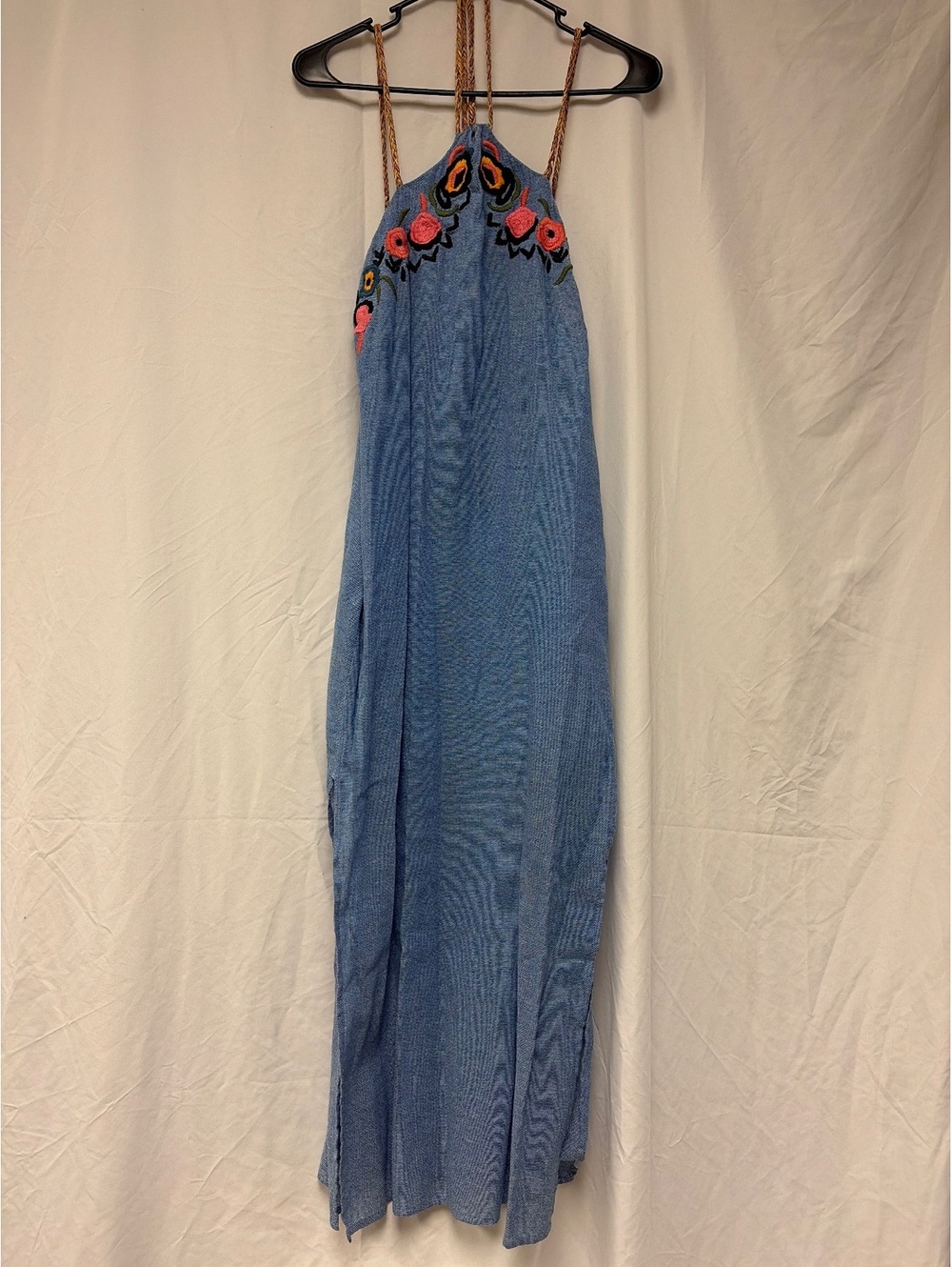 Red Carter Blue Maxi Dress with Embroidered Floral Detail and Braided Straps, Sz